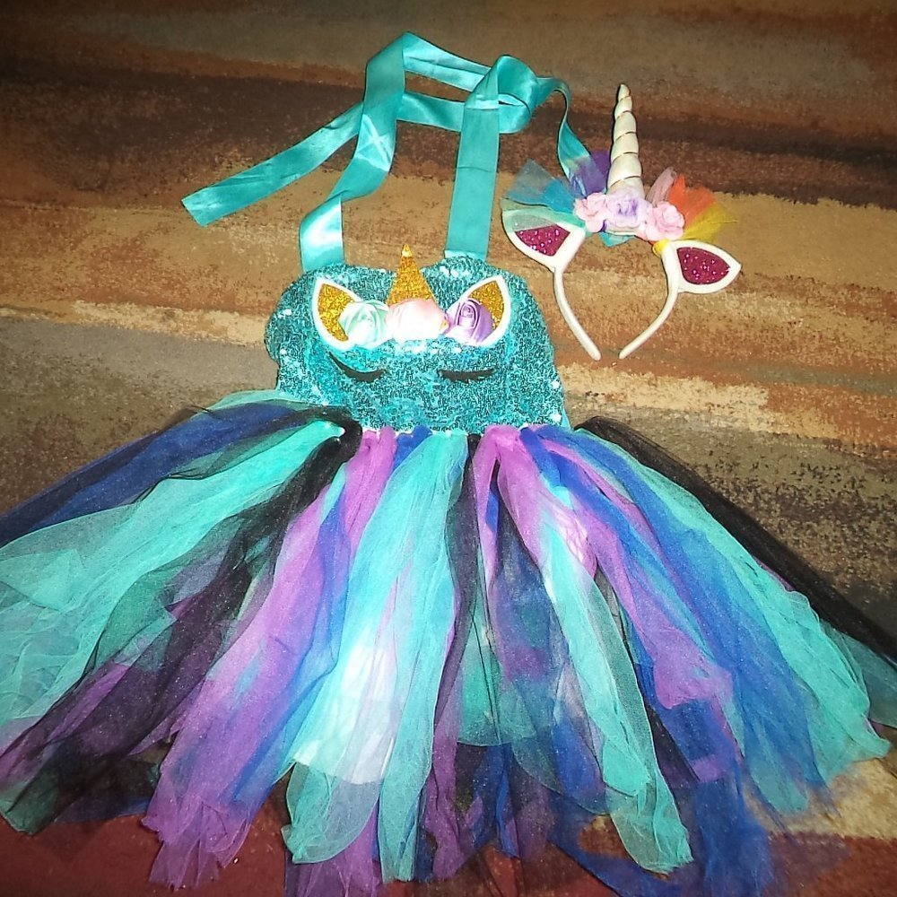 UNICORN PRINCESS COSTUME TULLE SEQUIN DRESS & HEADBAND GIRLS SIZE L 10/12